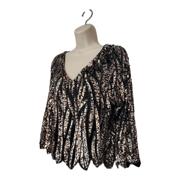 Oleg Cassini V-Neck Scalloped Black Jewel Beaded Sequin Silk Top Size Small - Picture 2 of 9